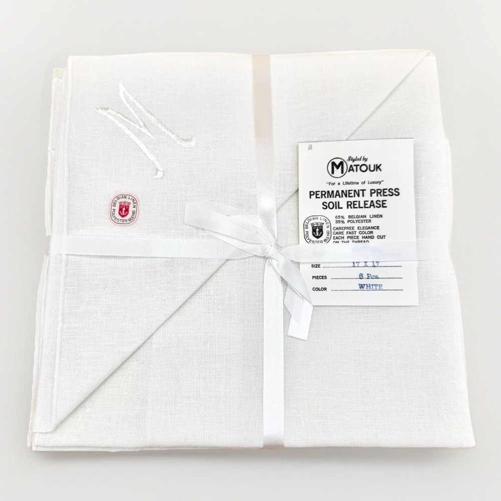 Matouk White Belgian Linen Napkins Set of 5 ~ 17"x17" Monogram 'M' NEW, Vintage
